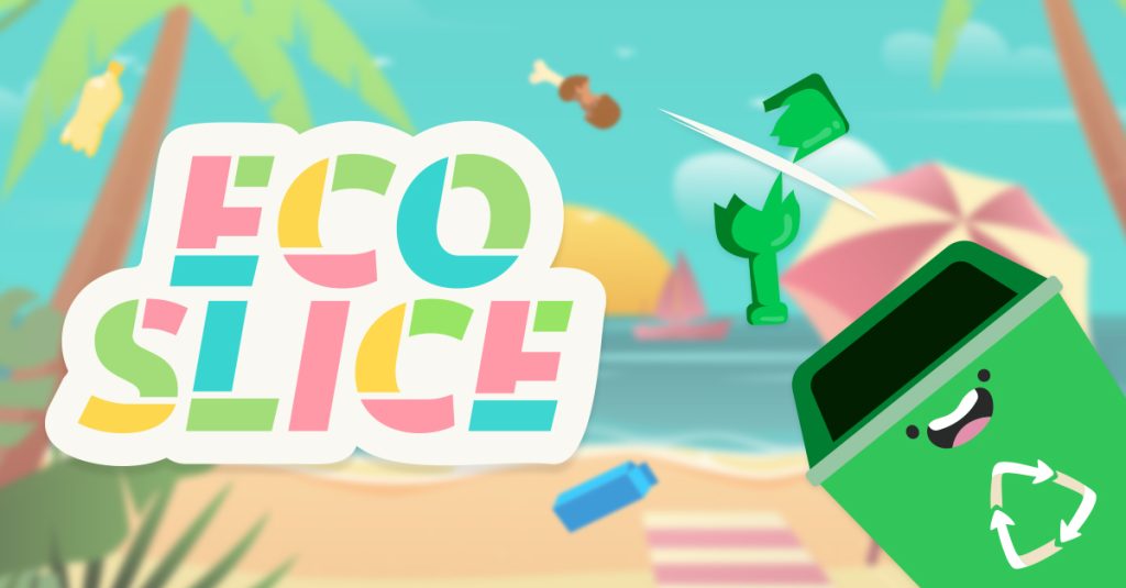 Sur un fond de plage, une poubelle verte sourit alors qu'une bouteille verte est brisée par le joueur qui l'a identifé comme déchet à trier. A gauche, le logo "ecoslice" dont les lettres sont composées de parties au couleurs différentes comme si elles avaient été rapiécées.