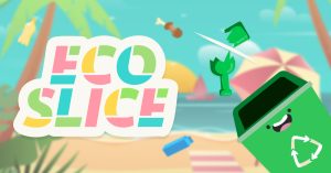Sur un fond de plage, une poubelle verte sourit alors qu'une bouteille verte est brisée par le joueur qui l'a identifé comme déchet à trier. A gauche, le logo "ecoslice" dont les lettres sont composées de parties au couleurs différentes comme si elles avaient été rapiécées.